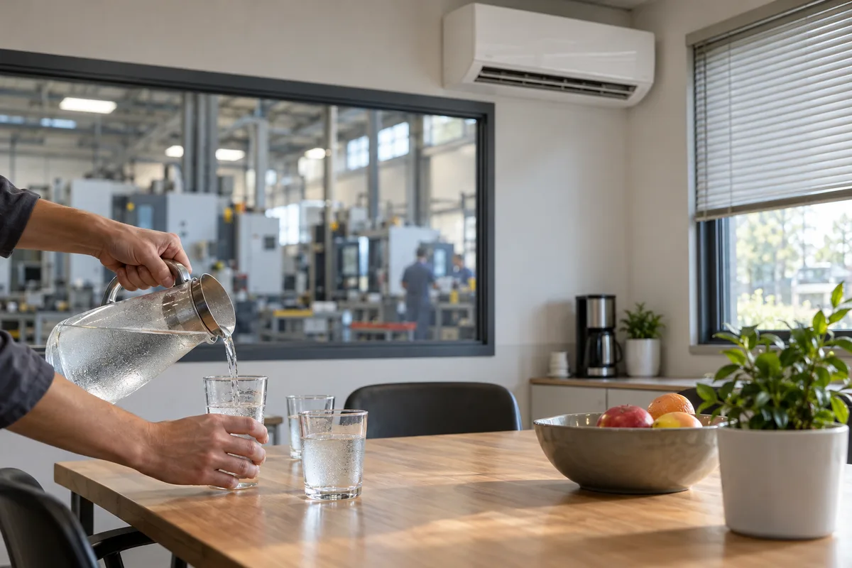 Salle de pause climatisée attenante à l’atelier, carafe d’eau et verres sur la table