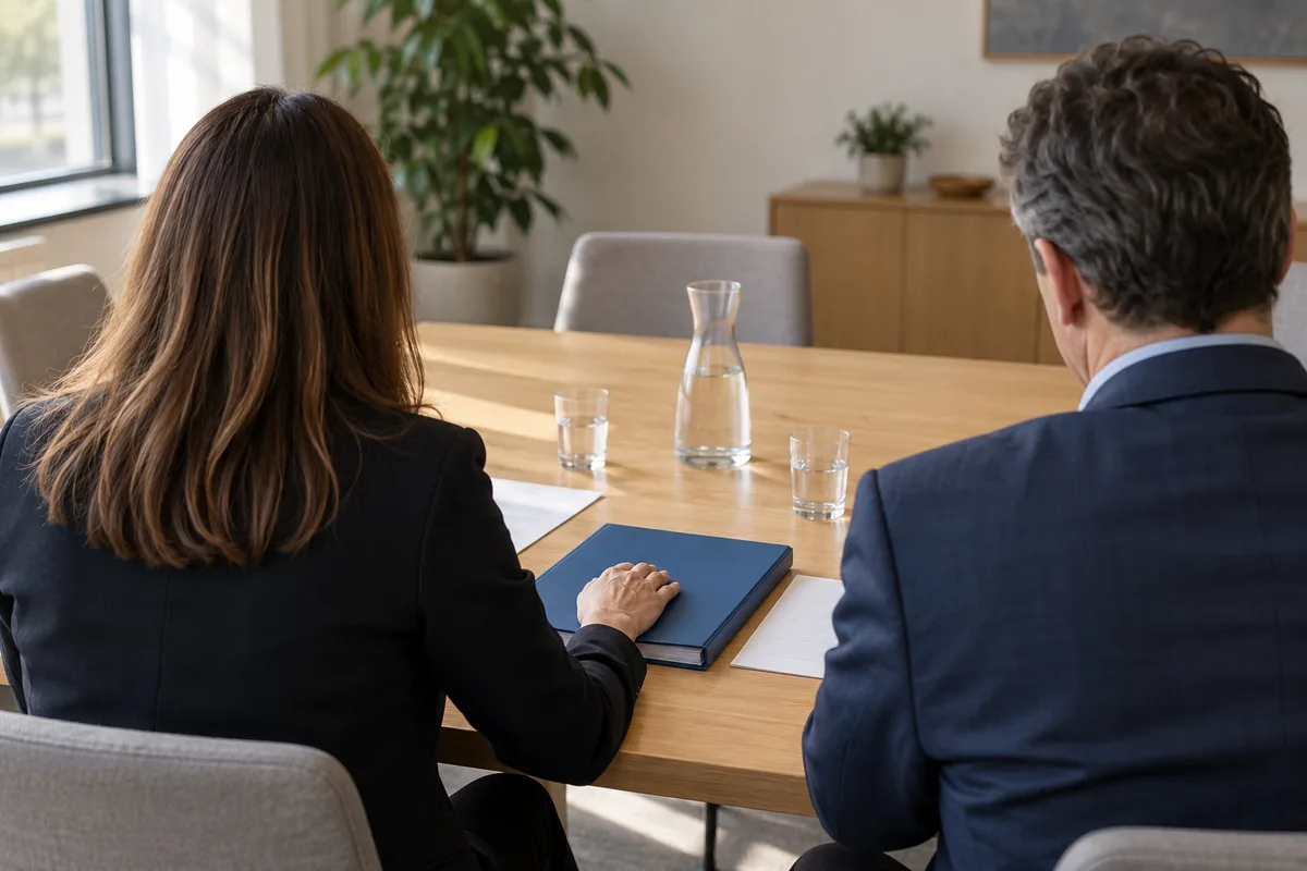 Deux personnes de dos autour d&rsquo;une table de réunion, l&rsquo;une montre un classeur fermé
