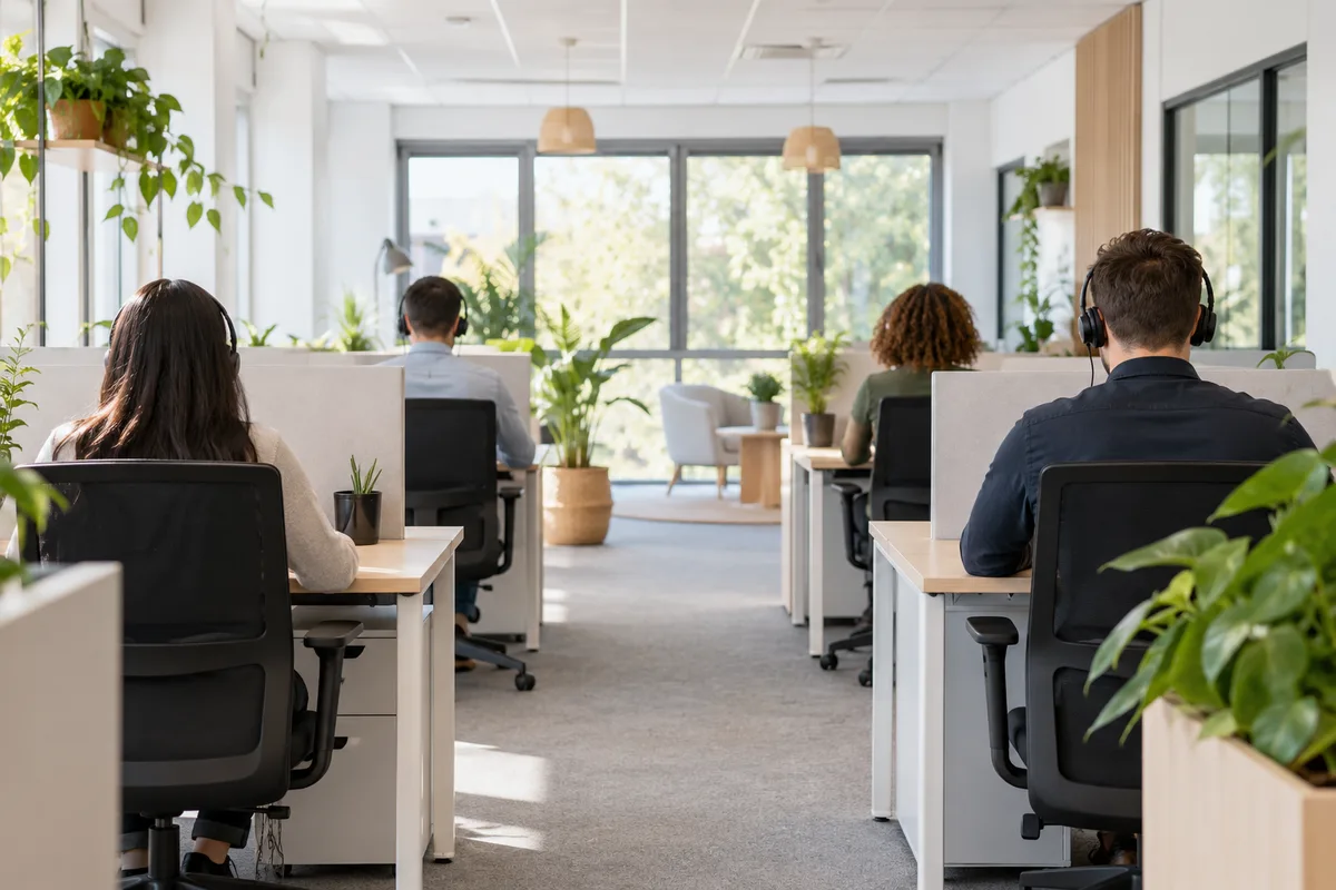Open space de service client d&rsquo;une PME, collaborateurs vus de dos à leurs postes
