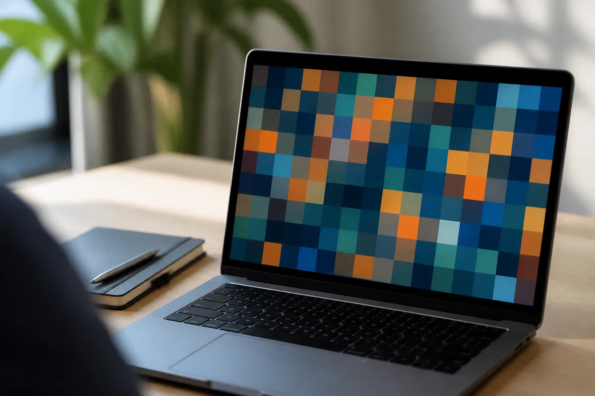 Grille de blocs colorés affichée sur un écran d’ordinateur portable posé sur un bureau en bois clair, lumière naturelle latérale