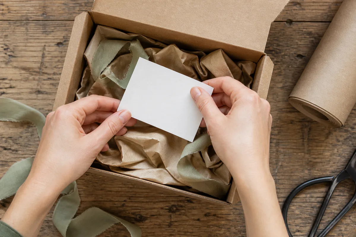 Deux mains posant une carte imprimée dans un carton d’expédition rempli de papier kraft, atelier lumineux