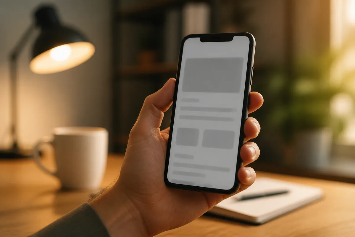 Écran de smartphone tenu à la main affichant une interface de messagerie, arrière-plan de bureau flou en lumière chaude