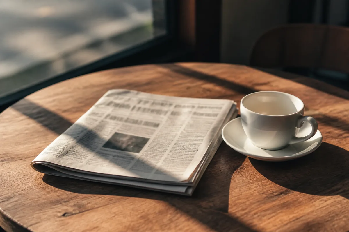 Exemplaire de journal local plié posé sur une table de café en bois avec une tasse, lumière du matin