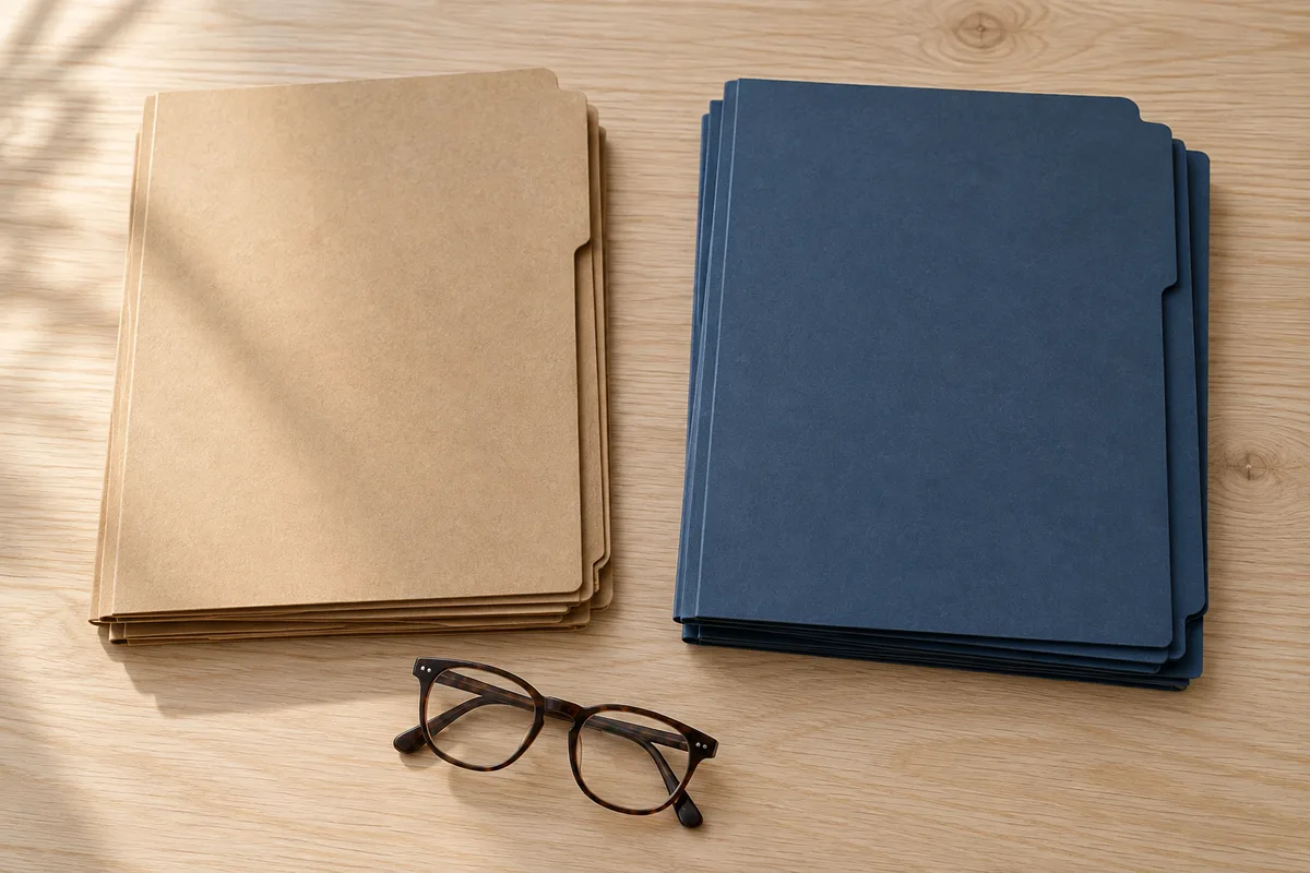Chemises cartonnées de deux couleurs unies rangées en deux piles distinctes sur un bureau en bois