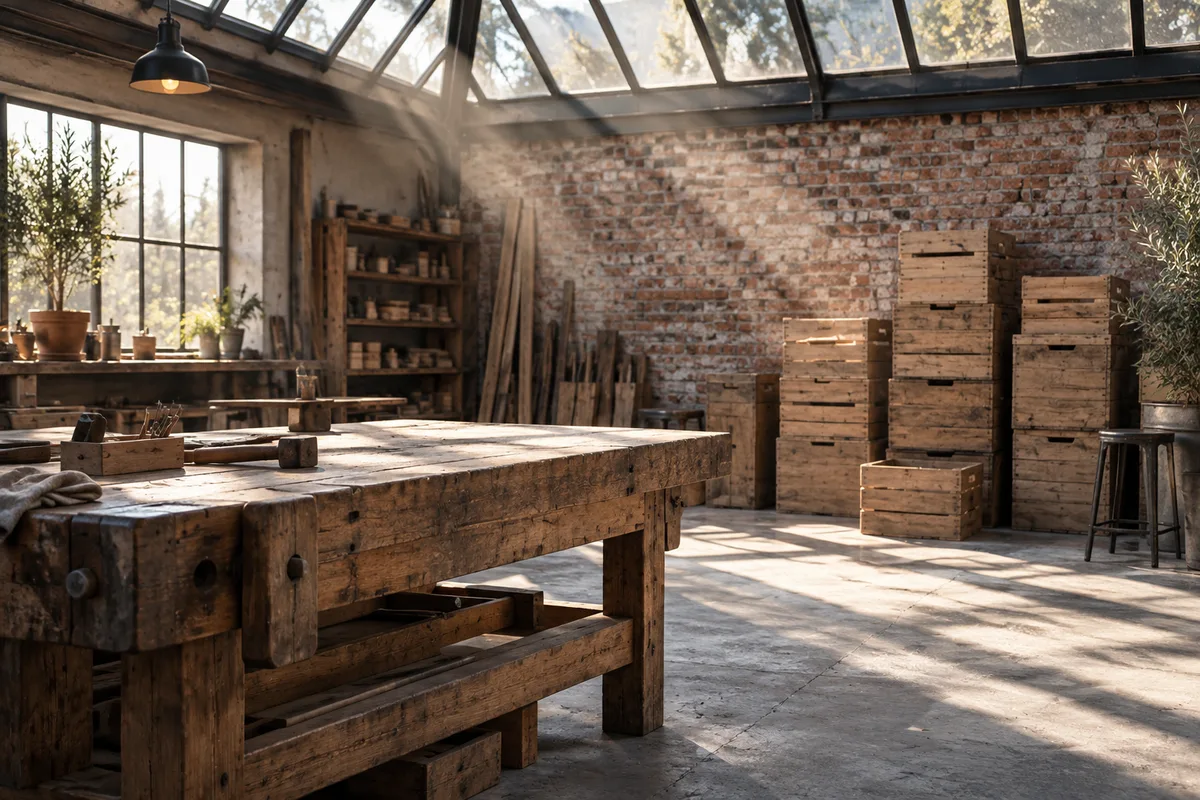 Atelier d’artisan vide au petit matin, établi en bois et caisses en bois unies empilées contre un mur de briques