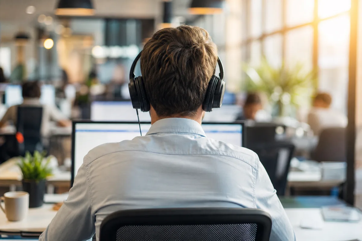 Commercial de dos passant un appel de prospection avec un casque audio dans un open space lumineux