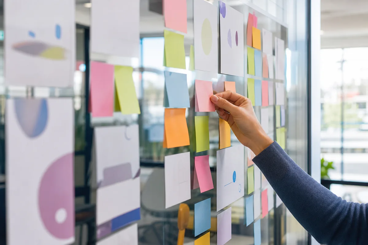 Mur vitré couvert de post-its colorés et de fiches, une main plaçant une note pour construire un plan d’action commercial