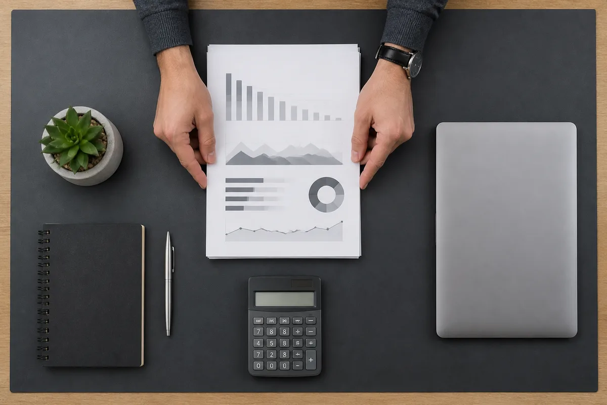 Mains ajustant des feuilles imprimées et une calculatrice posées près d&rsquo;un ordinateur portable fermé